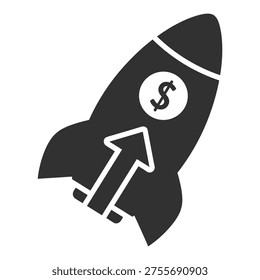 A rocket with a dollar sign and an upward arrow, symbolizing financial growth, investment returns, market appreciation, and economic uplift