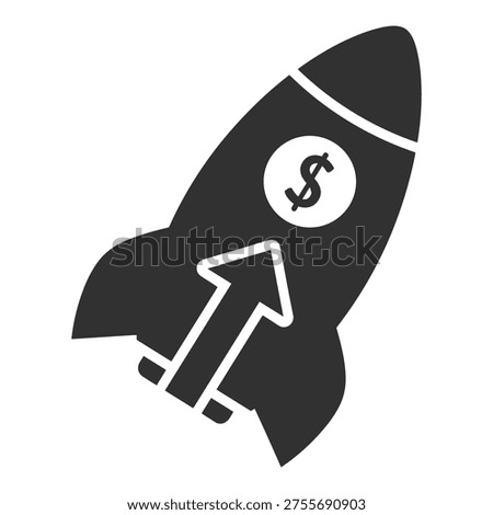 A rocket with a dollar sign and an upward arrow, symbolizing financial growth, investment returns, market appreciation, and economic uplift