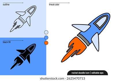 Rocket doodle icon vector illustration in lineal color, outline, and black fill silhouette style. Editable EPS, suitable for space, science, or children's education design concepts.