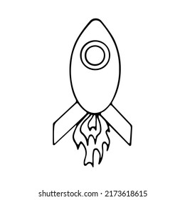 Doodle de cohetes. Rápido despegue al espacio. Ilustración de vector dibujada a mano en blanco y negro.