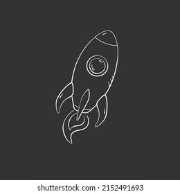 Rocket in doodle style, vector illustration. Icon space for print and design. Sketch spaceship hand drawn, isolated element on a black background. Concept symbol to launch startup and creative idea