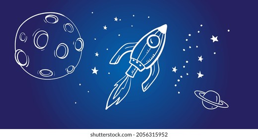 Rocket doodle vector. Cartoon space sketch on a dark background.