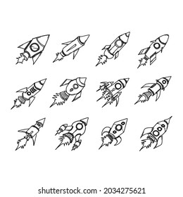 Rocket Doodle vector icon set. Drawing sketch illustration hand drawn line.