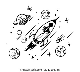 Rocket doodle vector. Space sketch cartoon