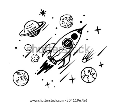 Rocket doodle vector. Space sketch cartoon