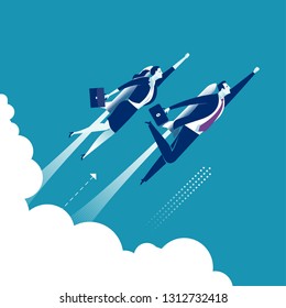 Rocket Duo. Business Persons Flying Up Powered By A Rocket Engine. Conceptual Business Vector Illustration 