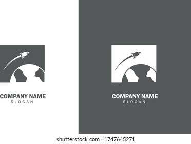 Rocket and earth logo design in grey and white color. Vector logo Template for companies