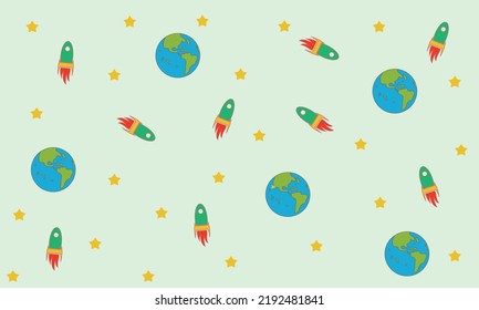 Rocket, earth and star. Pattern for kids with space theme, editable vector illustration.