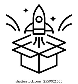 A rocket emerging from an open box, symbolizing innovation, new opportunities and startup business, 
abstract round line vector icon with editable stroke