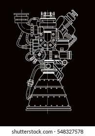 Rocket Engine Drawing On Black Background Isolated. It Can Be Used As An Illustration For The High-tech, Engineering Development And Research.