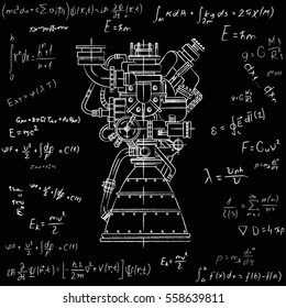 Rocket Engine Drawing On Black Background Isolated. It Can Be Used As An Illustration For The High-tech, Engineering Development And Research.

