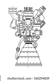 Rocket Engine Drawing On Black Background Isolated. It Can Be Used As An Illustration For The High-tech, Engineering Development And Research.