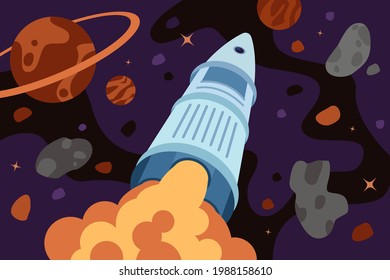 Rocket exploring flies outer space. Galaxy exploration or travel banner. Spaceship flight in universe across stars and planets. Exoplanet search, discovery and colonization concept eps illustration