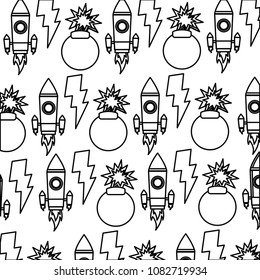 rocket with explosive bomb and thonderbolt pop art style pattern