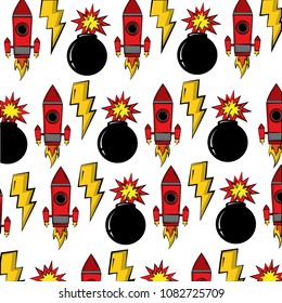 rocket with explosive bomb and thonderbolt pop art style pattern