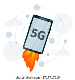 La conexión rápida 5G del cohete en el smartphone lo hace volar. Internet de alta velocidad, datos celulares y dispositivos móviles, quinta generación en fondo blanco, ilustración plana vectorial de súper señal.