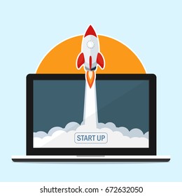 rocket fast start up launch circle,ecommerce business start up flat vector