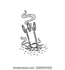 The rocket fell and stuck into the ground. Hand drawn doodle vector illustration.