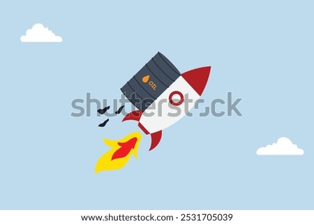 Rocket filled with gallons of crude oil soaring high in the sky serves as a metaphor for increasing prices.