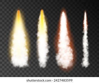 Rocket fire 3d smoke isolated jet effect flame. Rocket launch smoke plane space vector air background