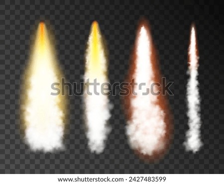 Rocket fire 3d smoke isolated jet effect flame. Rocket launch smoke plane space vector air background