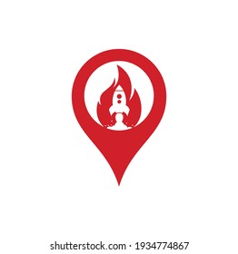 Rocket fire map pin shape concept logo design. Fire and rocket logo combination. Flame and airplane symbol or icon.