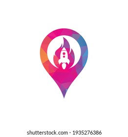 Rocket fire map pin shape concept logo design. Fire and rocket logo combination. Flame and airplane symbol or icon.