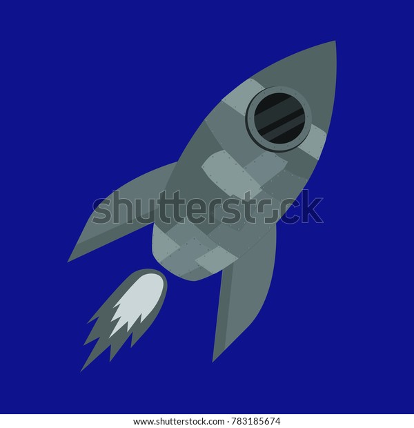 Rocket with fire on blue background\
vector. Grey spaceship vector. Rocket texture\
vector.