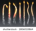 Rocket fire set. Missile, shuttle or spaceship launch trail with flame and smoke. Falling comet or meteor smokey tails texture with burst isolated on transparent background vector realistic collection