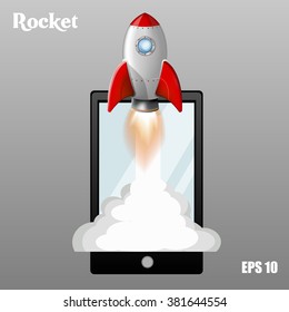 Rocket with fire and smoke at start up flying into space.
