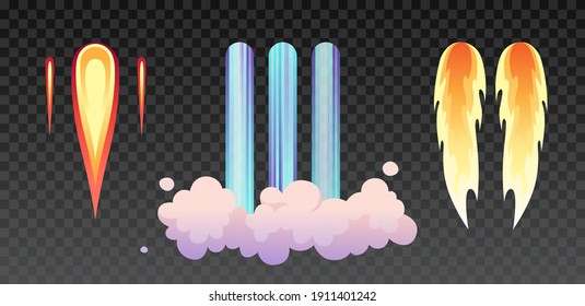 Rocket fire and smoke trails, airplane shuttle contrails isolated set on transparent. Vector realistic spacecraft startup launch. Space rocket start, jet fire flames, airplane shuttle contrails