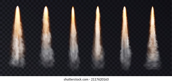 Rocket fire and smoke trails, realistic spacecraft startup launch elements. Space rocket jet flames, airplane shuttle contrails isolated on transparent background. Vector illustration