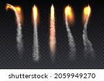 Rocket fire smoke trails, spacecraft startup launch, space jet fire flames. Spaceship, jet plane take off or ballistic missile launch realistic vector smoke, fire burst tracks, condensation trails