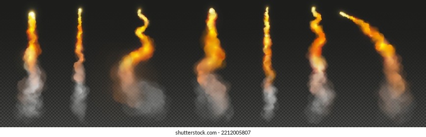 Rocket fire smoke trails, spacecraft startup launch or signal clouds. Space jet flames, airplane or shuttle contrail in sky, design elements isolated on transparent background, Realistic 3d vector set