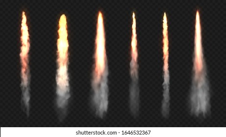 Rocket fire and smoke trails, vector realistic spacecraft startup launch elements. Space rocket launch or startup jet fire flames, airplane shuttle contrails, isolated set on transparent background