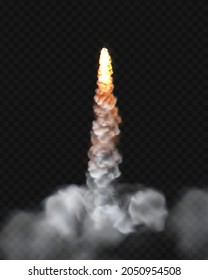 Rocket fire and smoke trails, vector realistic spacecraft startup launch element. Space rocket launch or startup jet fire flames, airplane shuttle contrails, isolated element on transparent background