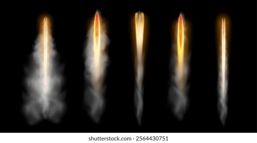 Rocket fire and smoke trails. Vector isolated set of realistic spacecraft startup launch mist and fire stream and vapor. Airplane shuttle contrails, missile trave in darkness, comet or asteroid