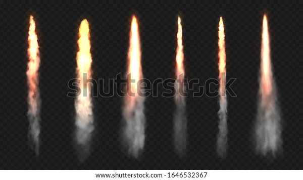Rocket fire and smoke trails, vector realistic\
spacecraft startup launch elements. Space rocket launch or startup\
jet fire flames, airplane shuttle contrails, isolated set on\
transparent background