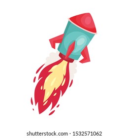 Rocket With Fire Trace Launched Into Space Vector Illustration Set Cartoon Character