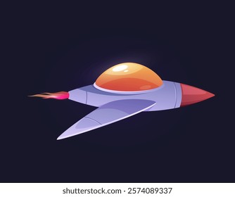 Rocket with fire trail, isolated spacecraft for space galaxy exploration and adventures. Vector game design spaceship with window and wings. Universe and cosmos traveling on reactive jet