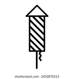 Rocket firecracker fireworks with wick, birthday party symbol. Outline of festive fireworks with wick for design of children entertainment center. Simple linear icon isolated on white background