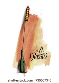 Rocket firecrackers in a pot Happy Diwali - Hand Drawn Sketch, Vector Background.