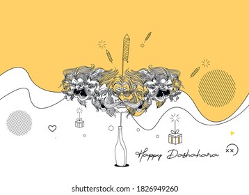 Rocket firecrackers in a pot with Ravana ten heads with text Happy Dussehra - Abstract Poster Banner Vector Design.