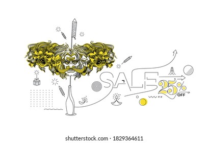 Rocket firecrackers in a pot with Ravana ten heads - Flat 25 % Sale Poster Banner Vector Design.