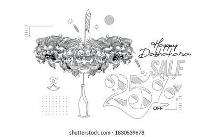 Disparadores de cohetes en una olla con Ravana diez cabezas con texto Feliz Dussehra - Plano 25% de diseño de vectores de afiches de venta.