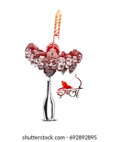 Rocket firecrackers in a pot with Ravana ten heads, - Hand Drawn Sketch, Vector Background.