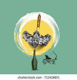 Rocket firecrackers in a pot with Ravana ten heads, - Hand Drawn Sketch, Vector Background.