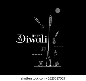 Rocket firecrackers in a pot with text of Happy Diwali -  ine art vector Background.