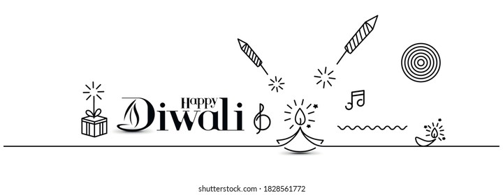 Rocket firecrackers in a pot with text of Happy Diwali -  ine art vector Background.