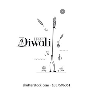 Rocket firecrackers in a pot with text of Happy Diwali -  ine art vector Background.